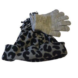 Basic Edition Girls Winter Fleece Hat & Mitten 2 Pc Set Gray Black Leopard Print